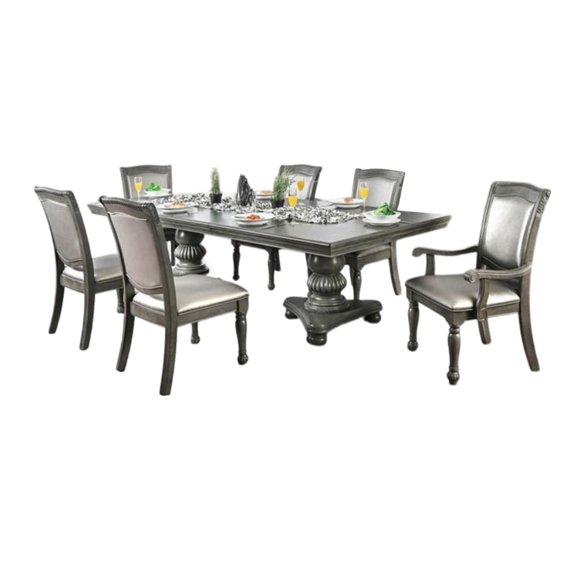 Ena 9pc Dining Table Set, Gray Faux Leather, Extendable 79-103 Inch