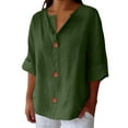 thumbnail image 2 of Button Down Shirts for Women, Linen Summer Cotton V Neck 3/4 Sleeve Tops Loose Beach Blouses Tunic, Green S-5XL, 2 of 6