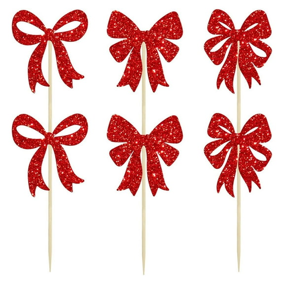 Glitter Paper Red Bow Cake Toppers 24 Pack Baking Insert For Cupcakes Desserts Holiday Party Decor Festive Food Accent DIY Decoration Christmas