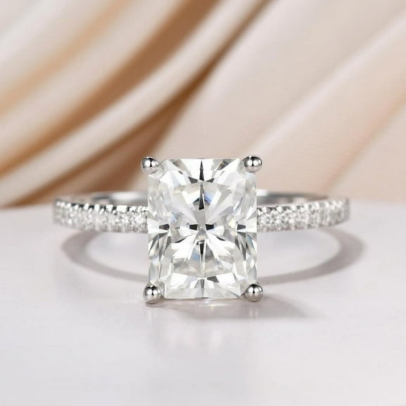Eclet Jewels 2.1 Ct VVS1/D Radiant Cut Moissanite Ring - Silver 14K White Gold Plated Ring - Solitaire with Accent Moissanite Rings for Women's -Engagement Moissanite Rings for Her