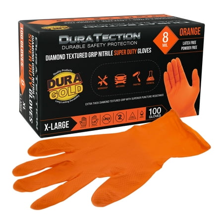 

Dura-Gold Duratection 8 Mil Orange Super Duty Diamond Textured Nitrile Disposable Gloves Box of 100 X-Large - Latex Free Powder Free Food Safe Safety Protection Work Gloves Industrial
