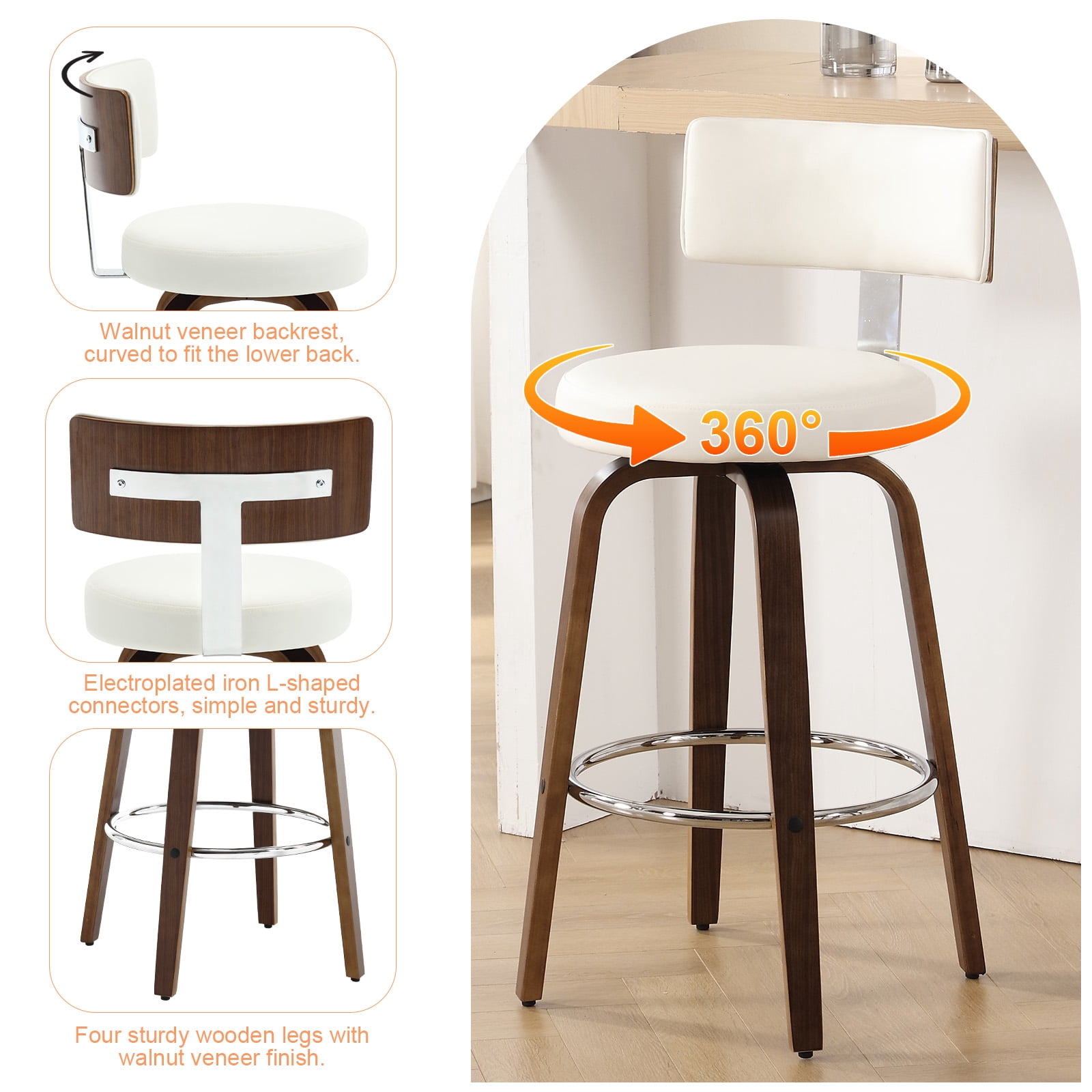 ANMINY Bar Stools Set of 3 360° Swivel with Back and Round Seat PU Leather Barstools 26" Bar Height Upholstered Bar Chairs Island Stools for Kitchen Counter
