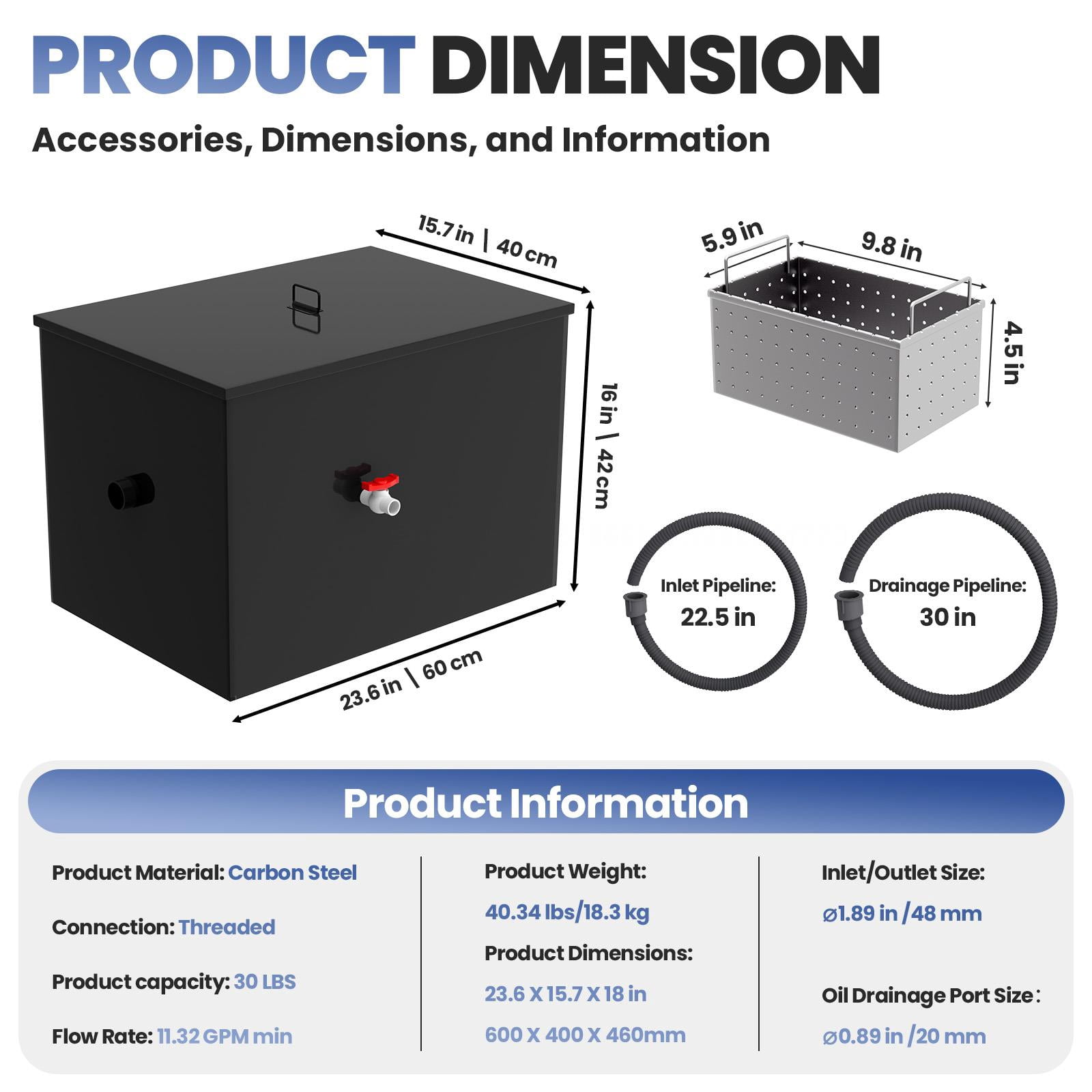 Tanfengu Grease Trap, 23.6"x15.7"x16" Commercial Carbon Steel Interceptor, 30LB 11.32 GPM for Restaurant & Kitchen Wastewater