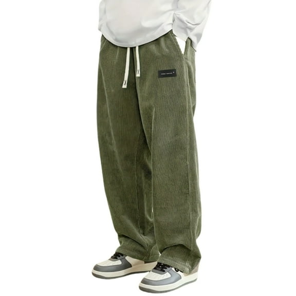 RYDCOT Mens Corduroy Casual Pants Fashion Loose Fit Wide Leg Pants Straight Sweatpants Elastic Waist Drawstring Army Green