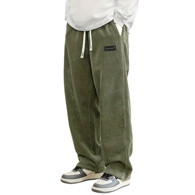 Ceisia Men Solid Color Corduroy Straight Leg Pants Elastic Waist Drawstring Gift Casual Trousers