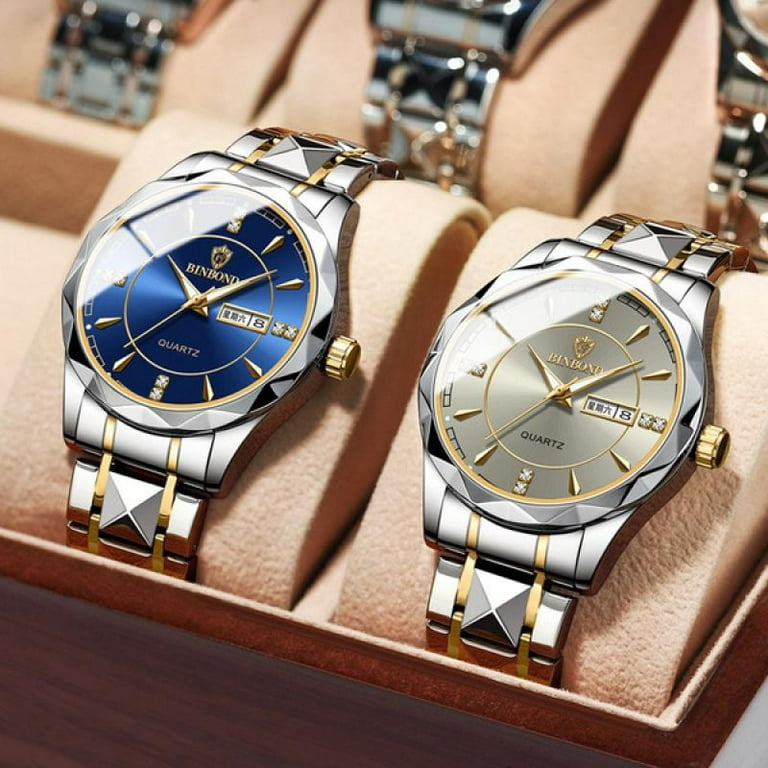 BINBOND New Fashion Quartz Gold Watch Ultra Thin Diamond Business Rhombic Three Dimensional Design Stainless Steel Luminous Watches with Gift Box Walmart