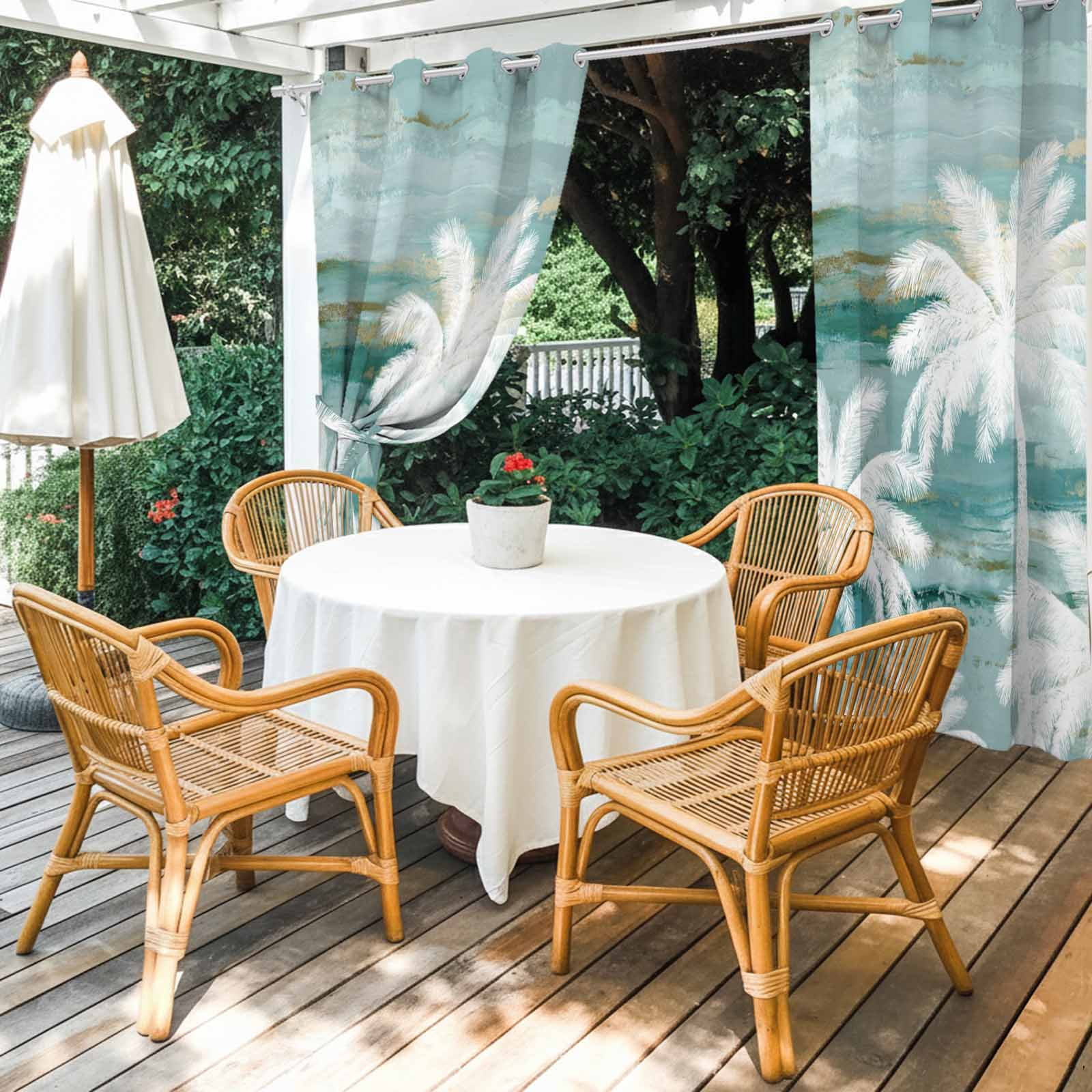 Summer Palm Trees Outdoor Curtains for Patio, Tropical Coastal Rustic Turquoise Abstract Sunshade Privacy Drapes Grommet Waterproof Outside Curtains for Porch/Cabana/Balcony 54"x 108", 1 Panel