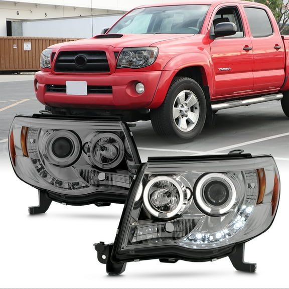 AKKON - For Toyota Tacoma Pickup Smoked Smoke Dual Halo Ring Design Projector LED Replacement Headlights