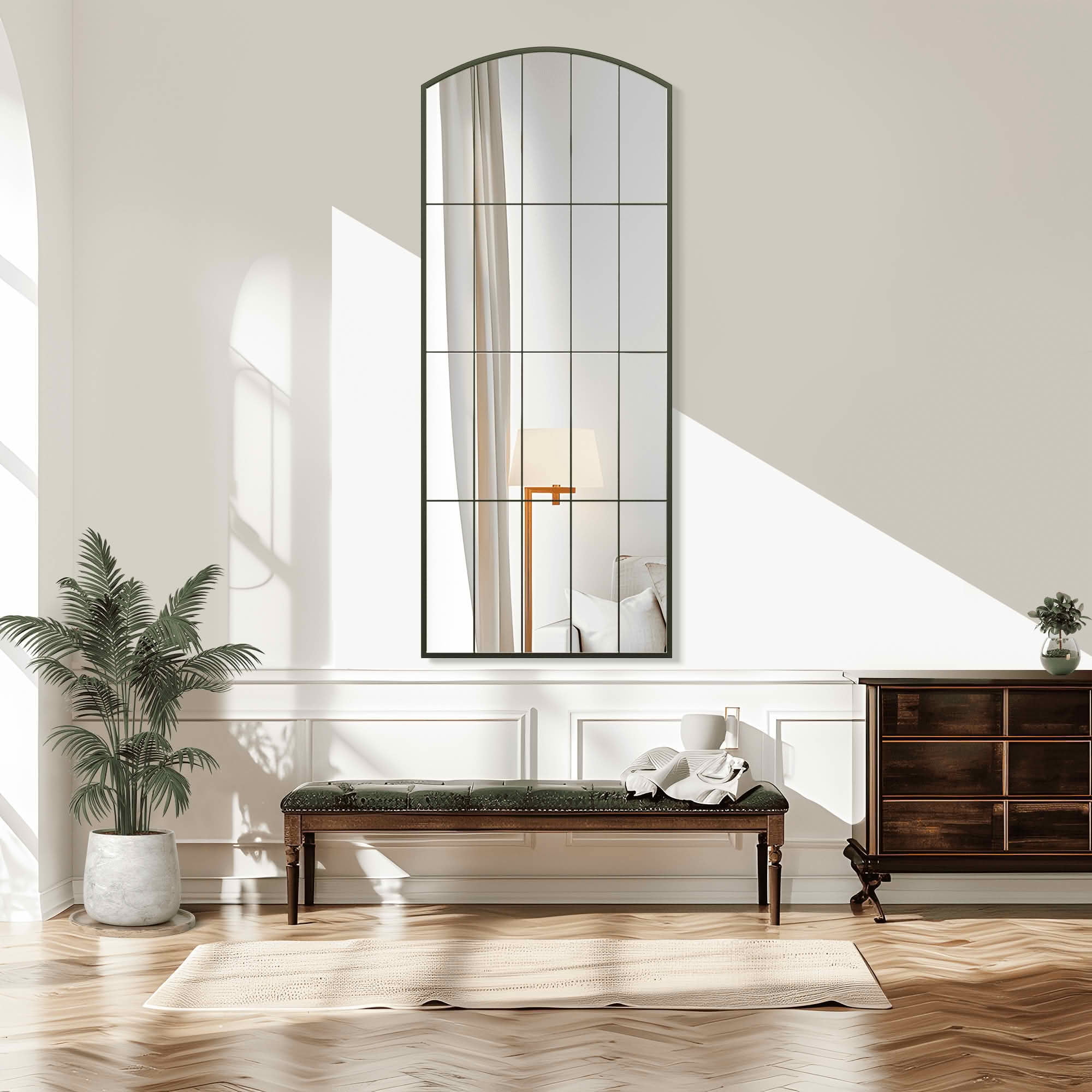 MAYEERTY 67x28x1 Inch Black Metal Grid Right Angle Slightly Arched Full Length Mirror, No Stand for Bedroom
