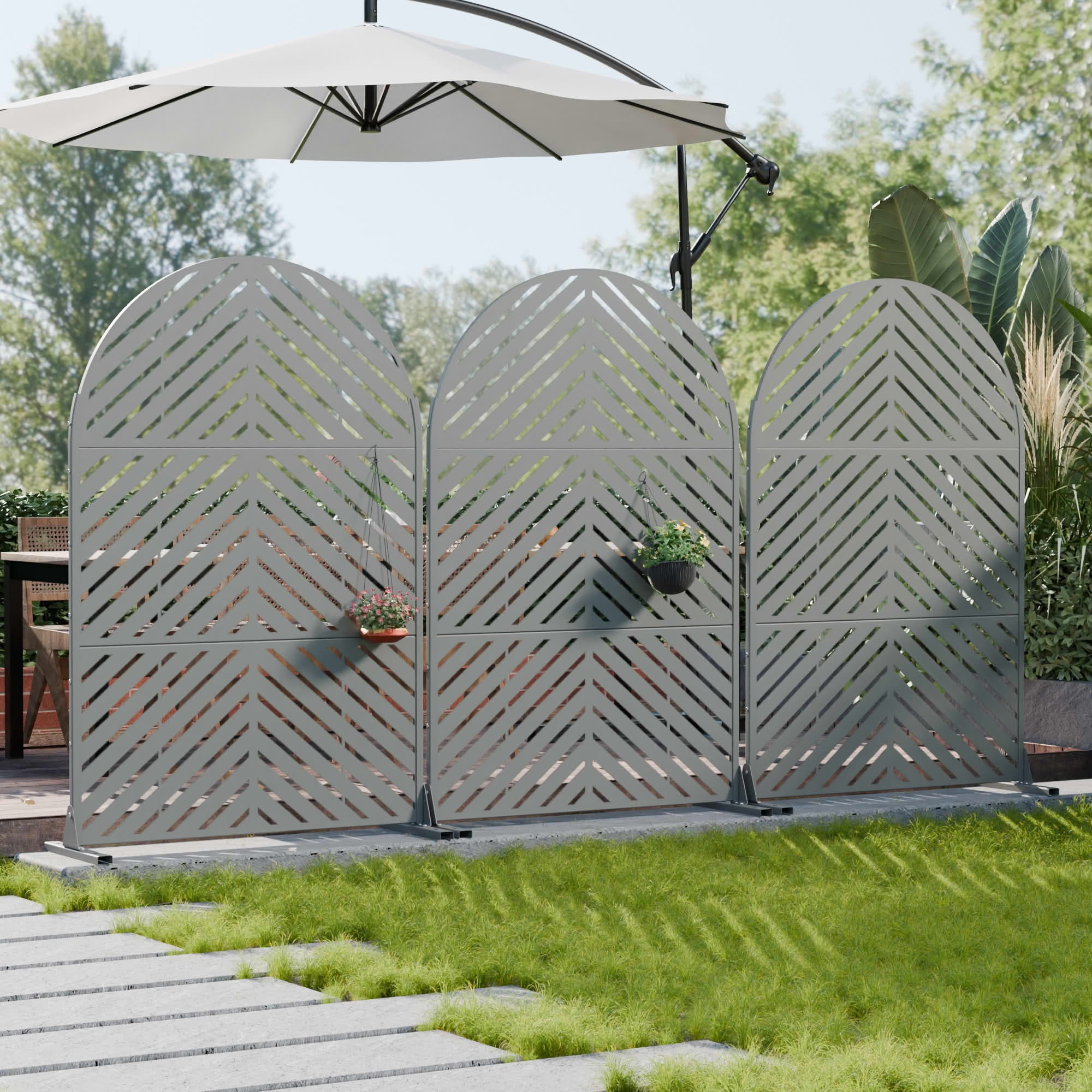 MAYEERTY Outdoor Metal Privacy Screen 6ft × 4ft Gray, 3-Panel Parallel Decorative Screen, Rust-Resistant for Patio