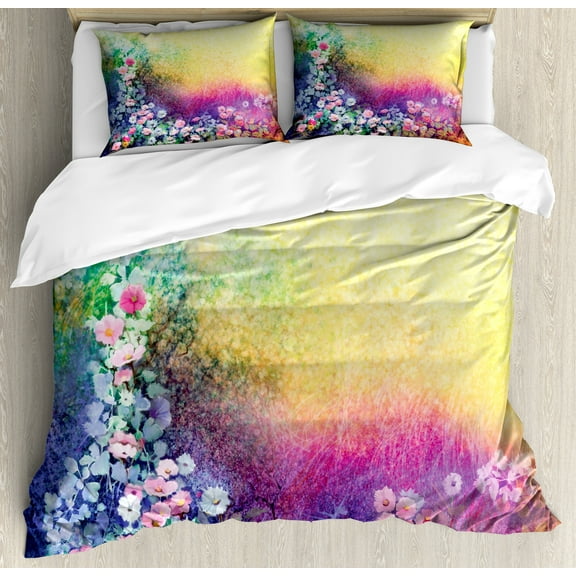 Flower Duvet Cover Set, Ivy Floral Beauty in Spring Blooming Nature Soft Calm Paradise Print, Decorative 3 Piece Bedding Set with 2 Pillow Shams, Queen Size, Purple Yellow Multicolor, by Ambesonne