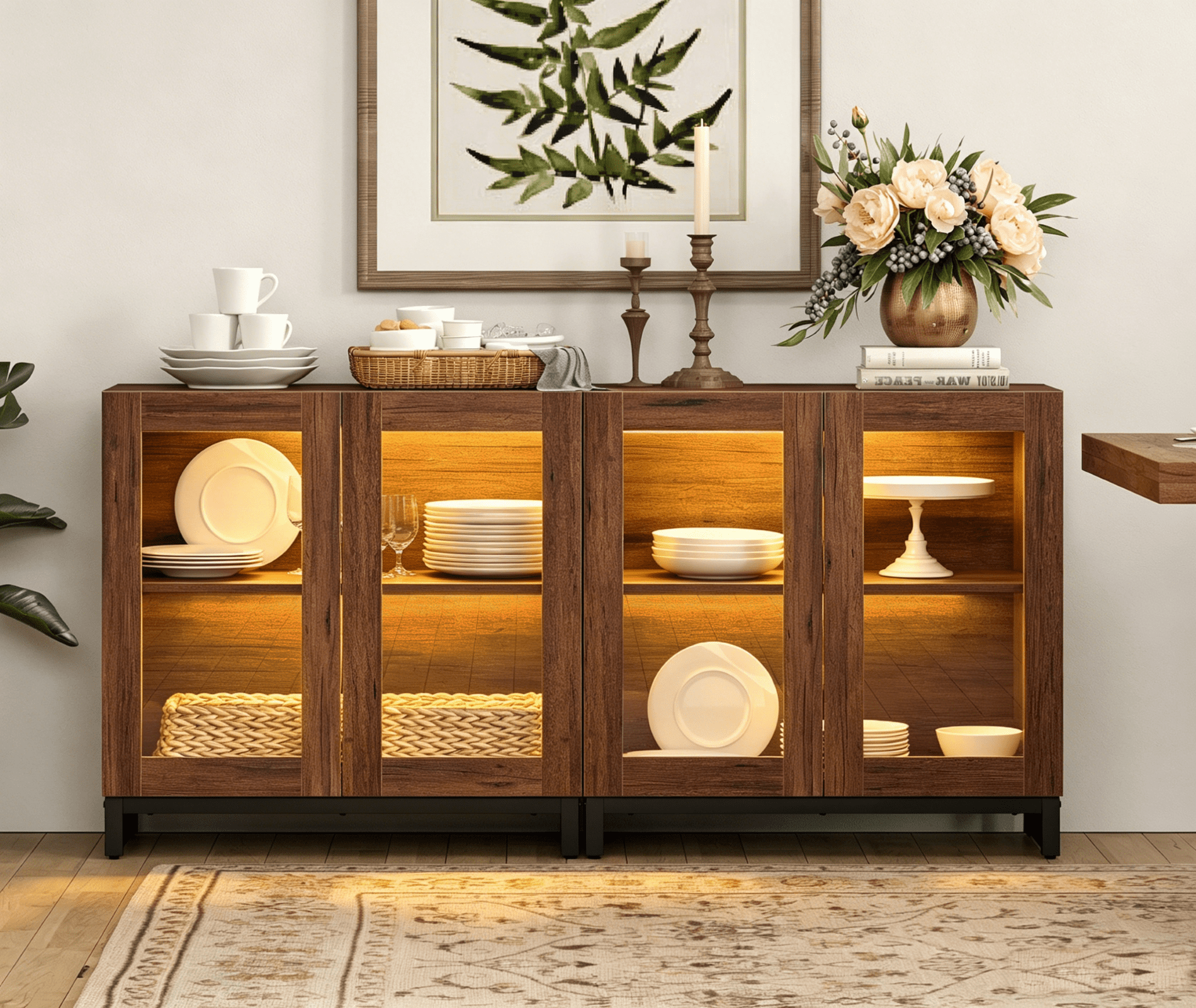 Modern Sideboard Buffet Cabinet with Glass Door & Drawer, Adjustable Shelf Credenza, Coffee Bar Storage Cabinet for Living Room & Kitchen,Brown