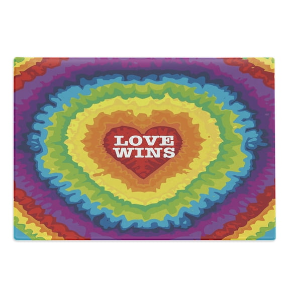 Pride Cutting Board, Love Wins Celebration Tie Dye Digital Print Backdrop and Rainbow Colors Happiness, Decorative Tempered Glass Cutting and Serving Board, Large Size, Multicolor, by Ambesonne