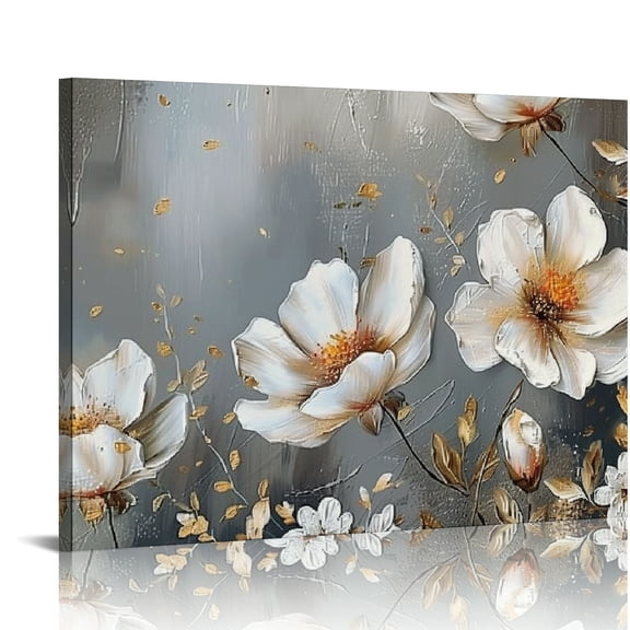EastSmooth Flower Canvas Wall Art With Textured Elegant White Flower Canvas Modern Abstract Canvas Blooming Floral Artwork Print Poster for Living Room Bedroom Bathroom Home Office 20x16in