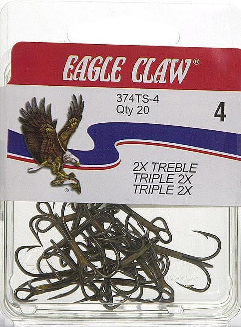 (2 pack) Eagle Claw 2X Treble Regular Shank Curved Point Fishing Hooks, Bronze, Size 4, 20 Pack