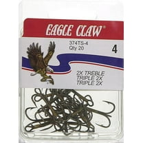 Eagle Claw 2X Treble Regular Shank Curved Point Fishing Hooks, Bronze, Size 4, 20 Pack