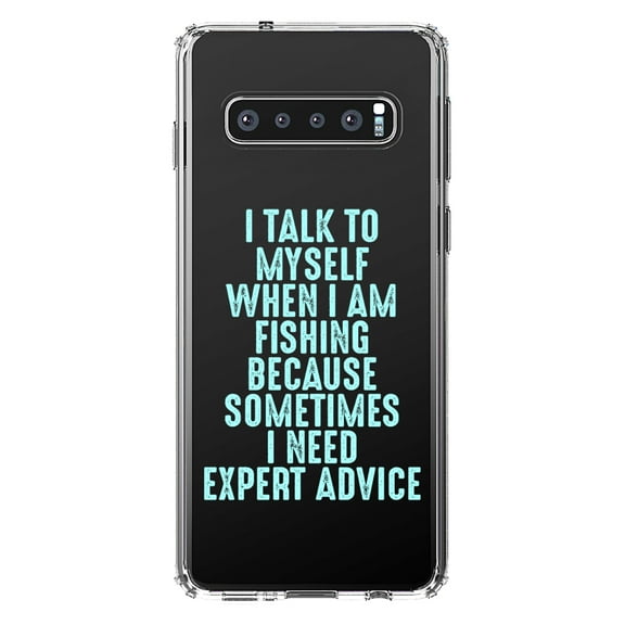 DistinctInk Clear Shockproof Hybrid Case for Samsung Galaxy S10 (6.1" Screen) - TPU Bumper Acrylic Back Tempered Glass Screen Protector - I Talk To Myself Fishing Need Expert Advice