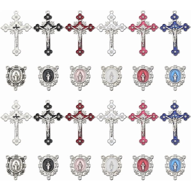 1 caja de 12 amuletos para rosario, 6 colores, 2 estilos, medallas de Pascua, aleación de plata tibetana, crucifijo rojo grande, conector para festival.