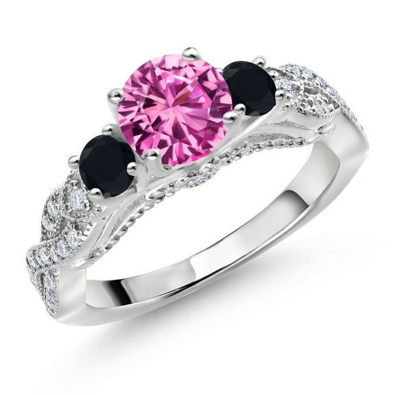 Gem Stone King 925 Sterling Silver Pink Created Sapphire Black Onyx and White Moissanite Engagement Ring for Women (1.47 Cttw, Gemstone September Birthstone, Round 6MM and 3MM, Size 5)