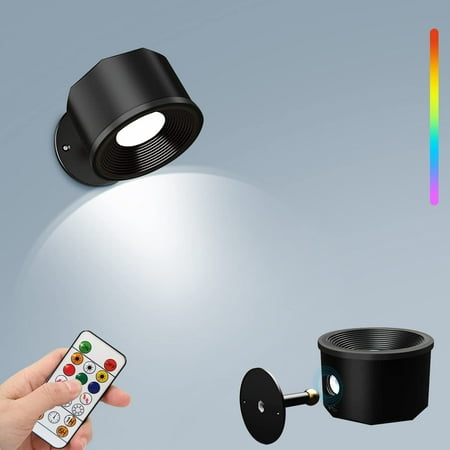 

LED Wall Light with Remote Control Battery Operated Wireless Dimmable 360° Rotating 3 Brightness Levels 16 Colour Modes-Black