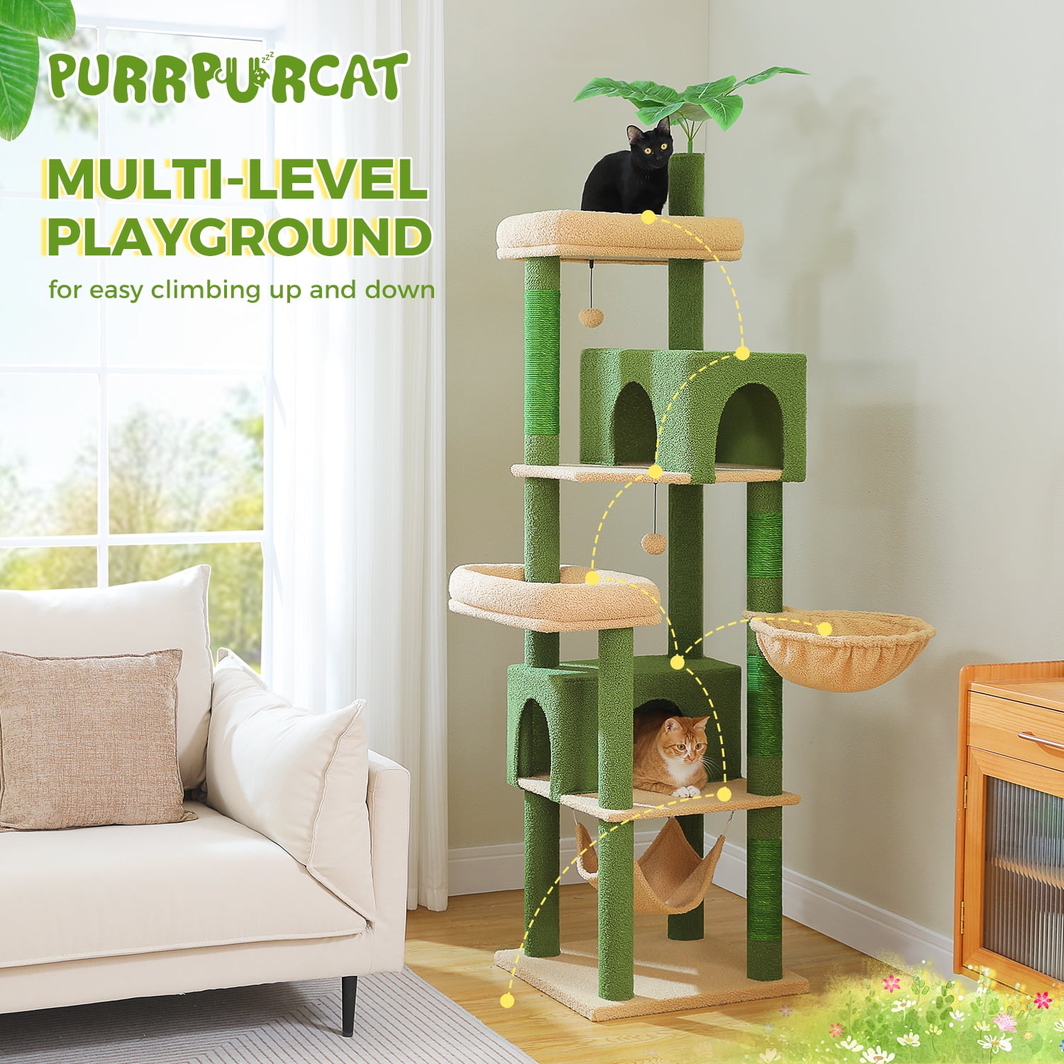 Pefilos 74" Large Cat Tree Tower for Indoor Cats, Fat Cats with Big Hammock, Cat Climbing Tree with Scratching Posts, Condo House and Top Perch, Green
