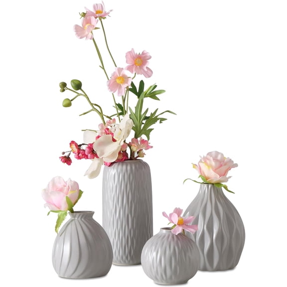 Iconic Scandi Vase 4 Piece Set, Pearly Grey, Glazed, Water-tight, Porcelain, 3 - 7.75 Inches