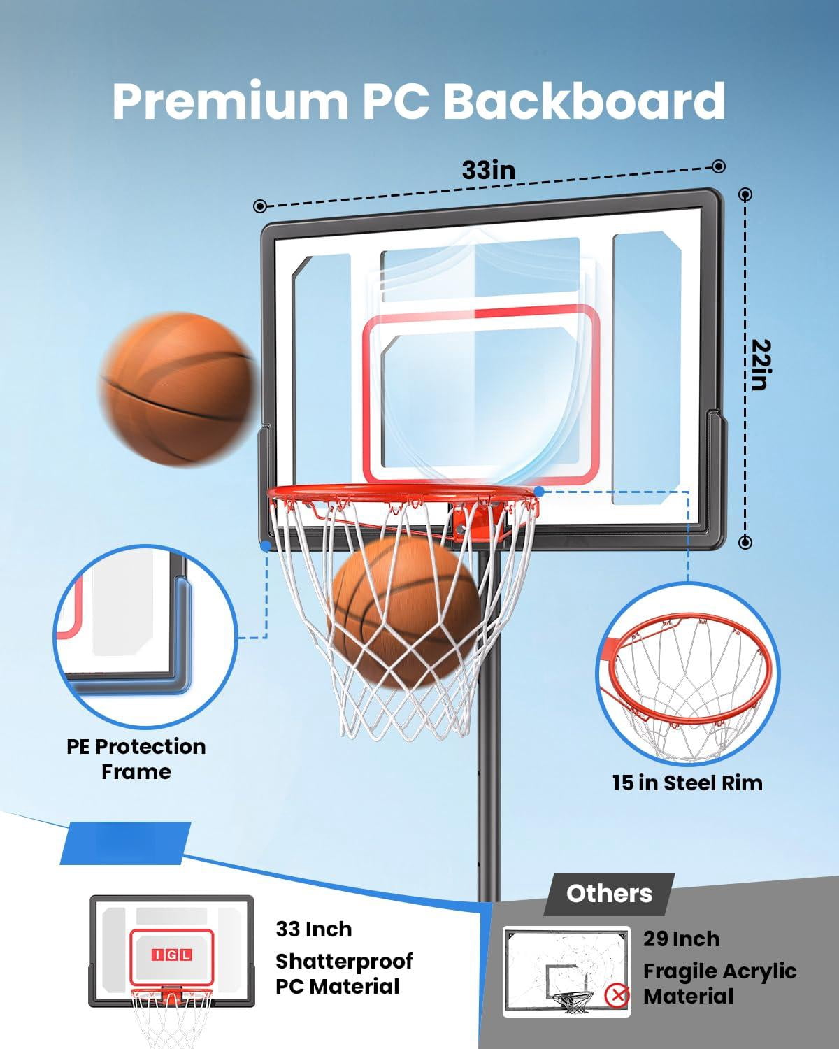 Basketball Hoop Outdoor Adjustable  33 Inch Portable Goal With Pc Backboard Fillable Base & 40 Lb Weight Ball For Backyard Driveway