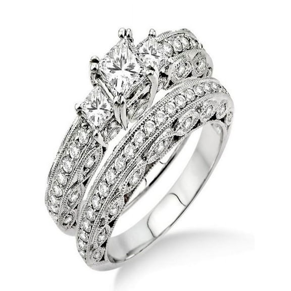 1.00 carat Antique Milgrain Trilogy Bridal set with Princess Cut diamond in 10k White Gold