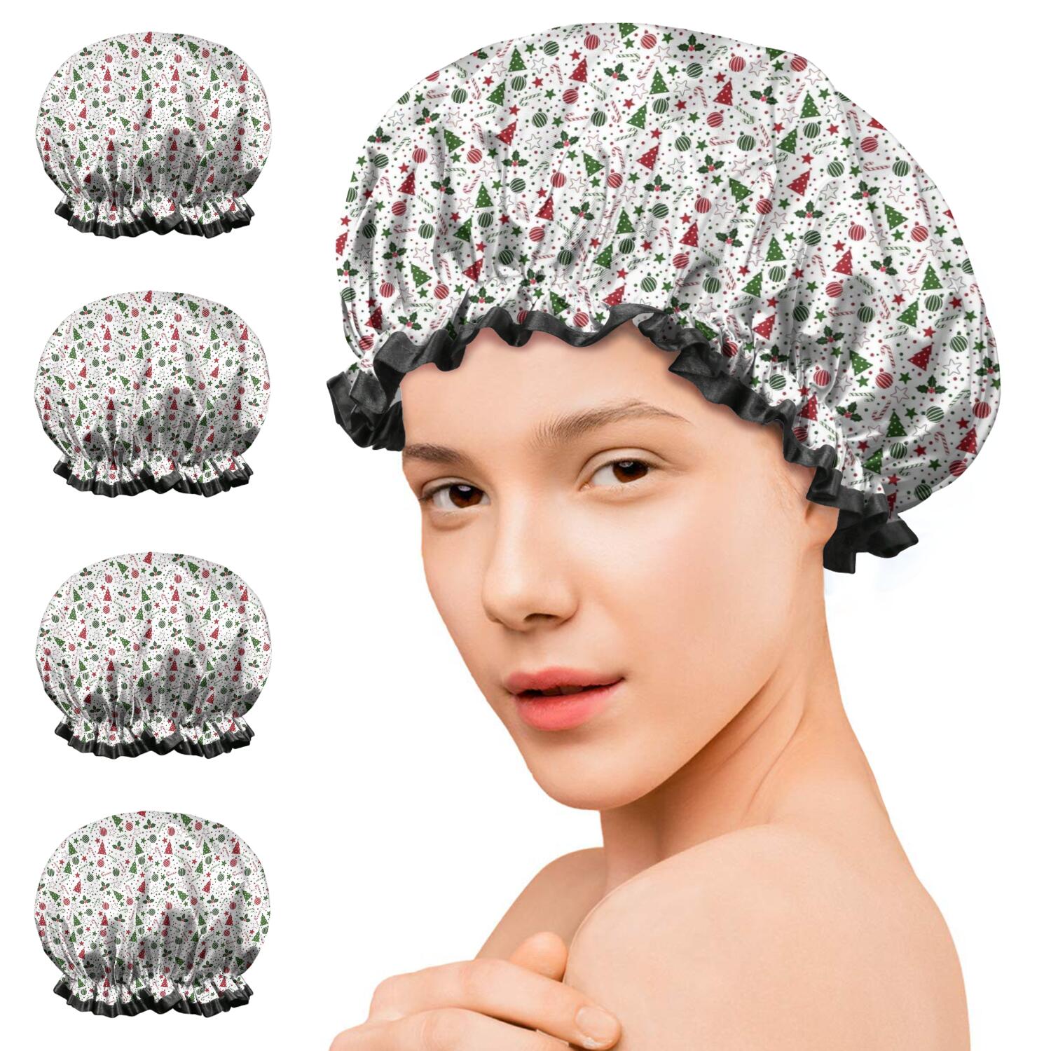 Shower Caps,White Christmas Tree and Ornament Pattern Waterproof Shower Cap for Women 4 Pieces,Double Reusable Hair Cover for Shower PEVA Elastic Stretch Hem