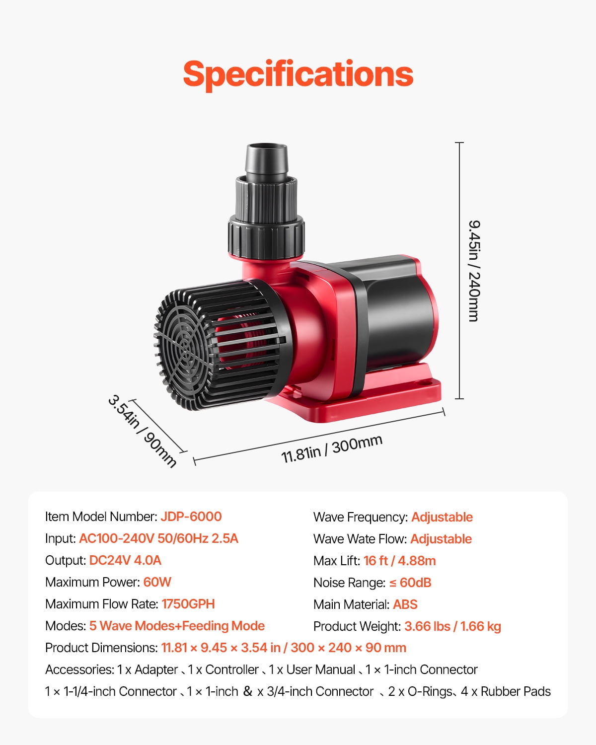 VEVOR Aquarium 24V DC Water Pump, 60W,1750 GPH Marine Wavemaker Return Pump with Controller,Adjustable Flow, Feed Mode,16 ft Maximum Lift,for Saltwater Freshwater Fish Tank Sump Pond Circulation