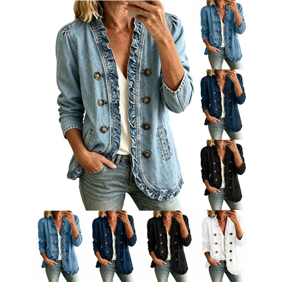 Hzzrkos Women Casual Loose Print Lapel Neck Long Sleeve Ruffle Trim Button Front Denim Jacket Shacket Coat With Pockets Fashion Outerwear Layered Streetwear Cover Up Blue M
