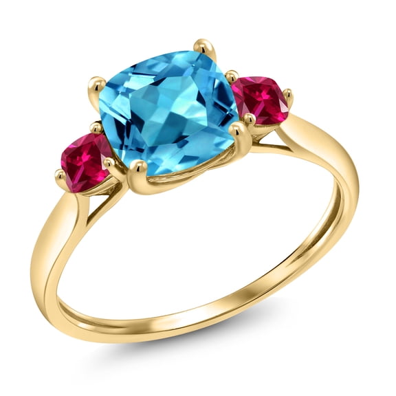 Gem Stone King 10K Yellow Gold Swiss Blue Topaz and Red Created Ruby Engagement Ring for Women | 2.15 Cttw | Cushion 7MM | Gemstone November Birthstone | Size 7