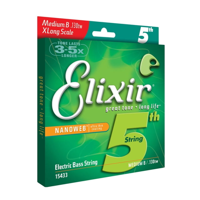 Elixir 15433 Nanoweb Coating Bass Guitar Single String - Medium .130 XL-TW Gauge "B", Extra Long Scale