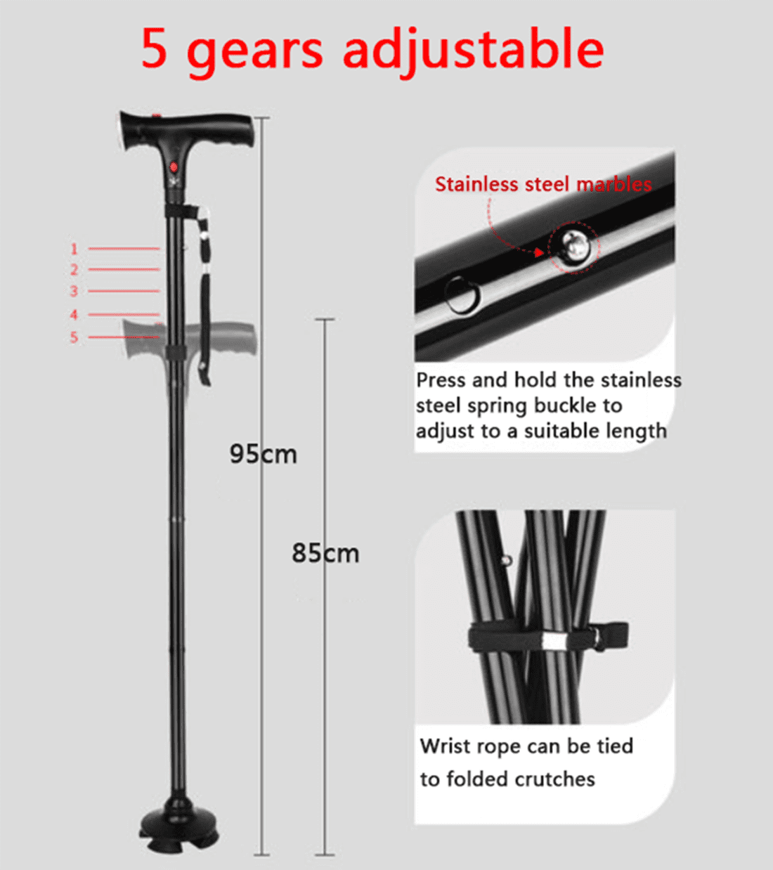 Adjustable Height Folding Walking Cane with LED Light & Alarm Button, 4-Prong Anti-Slip Base, Aluminum Alloy Telescopic Cane with Side Armrest for Elderly