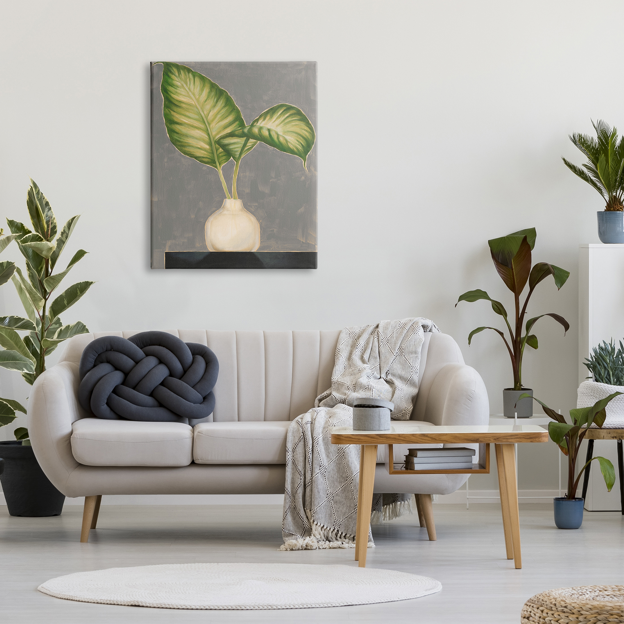 Bending Tropical Plant Leaves White Jar Contemporary Painting 30 in x 40 in Painting Canvas Art Print, by Stupell Home Décor