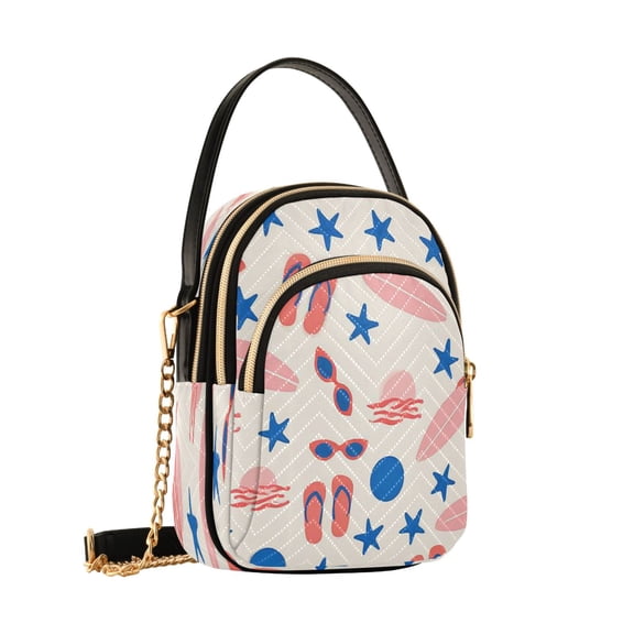 Women's Quilted Crossbody Bag Small Shoulder Tote Purse with 3 Zipper Pockets Cheerful Beach Motifs