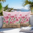 thumbnail image 3 of Throw Pillow Covers 16x16 Inch Set of 2, Hello Spring Waterproof Outdoor Pillow Covers, Pink Tulip Flowers Farmhouse Buffalo Plaid Wooden Decorative Cushion Pillowcases for Couch, Sofa, Bed, Patio, 3 of 9