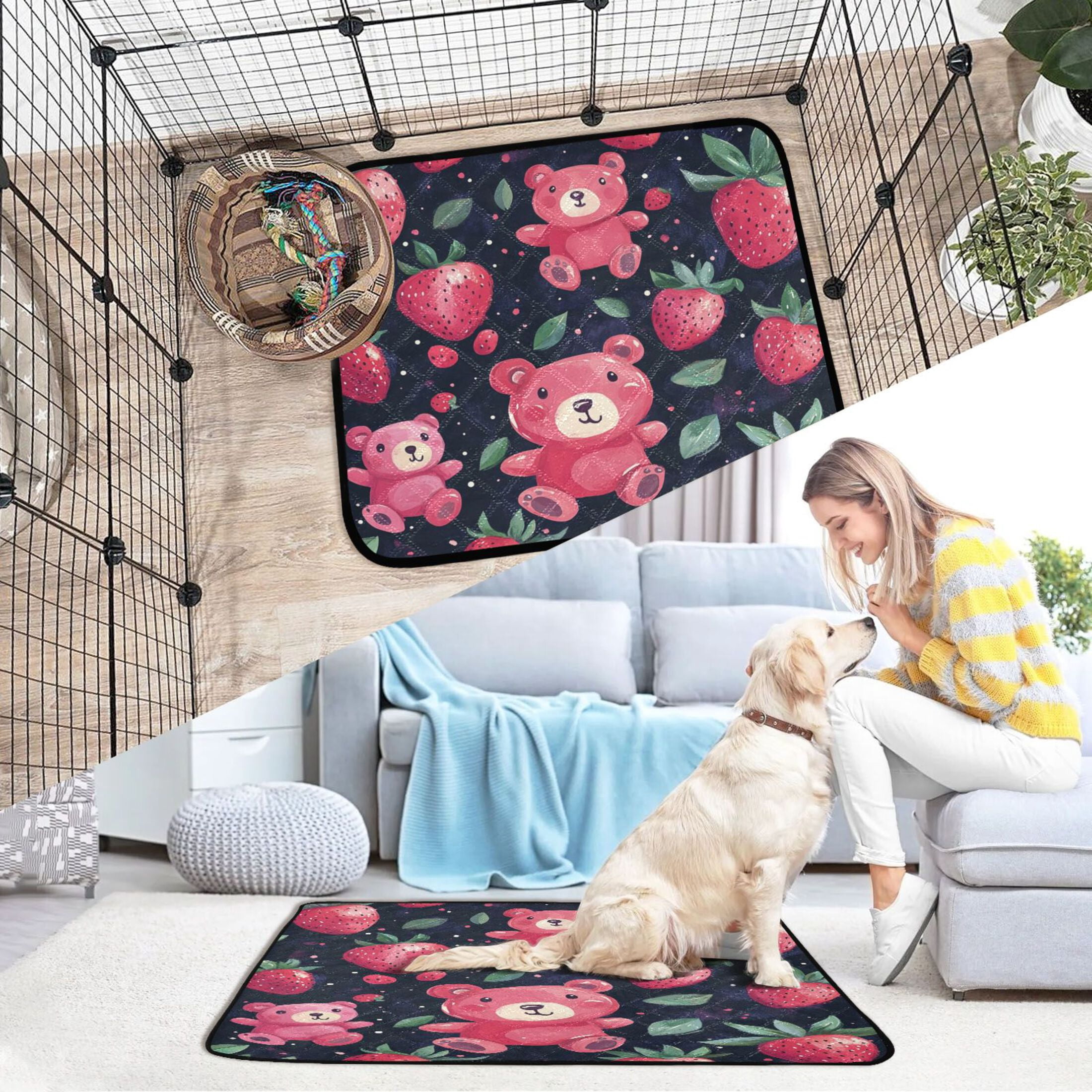 Qxltty Cute Strawberry Bear Cat litter Pads Pet Set of 3 Diaper Mats Center Anti-leakage Layer Absorbent Soft and Comfortable