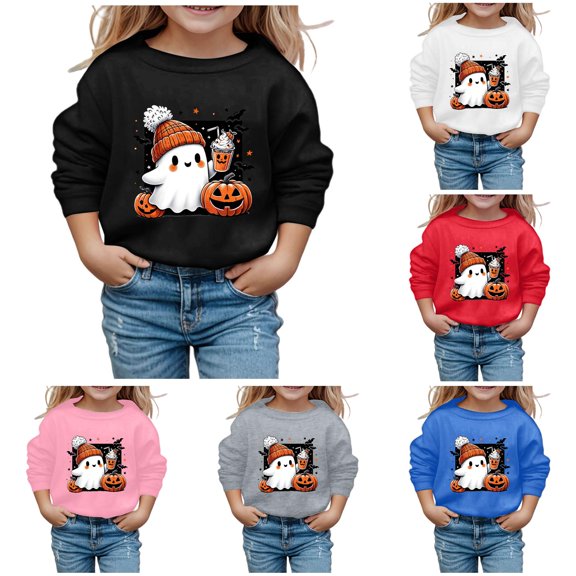 WERYOUNG Children Halloween Sweatshirts Long Sleeve Crew Neck Cute Cartoon Prints Hoodless Sweatshirts For Boys Girls Fashion Festival Pullover Stylish Tops 3-4 Years