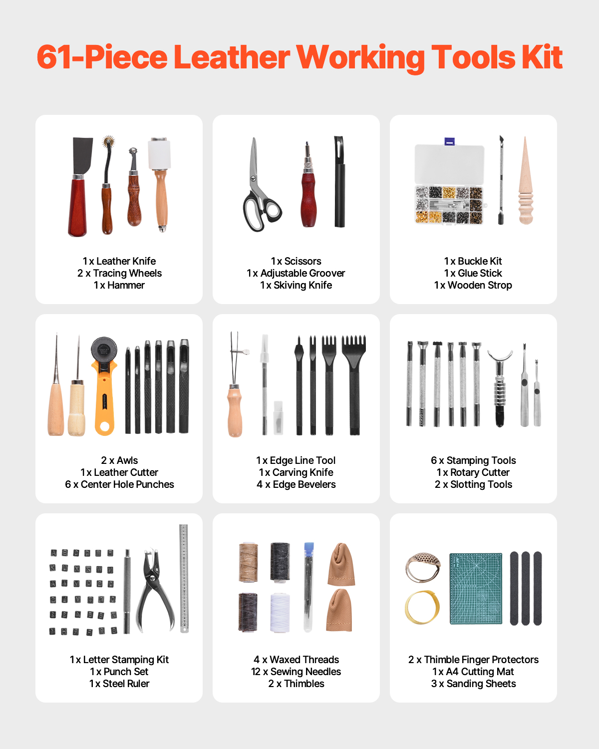 VEVOR Leather Working Tools Kit, 61 PCS Leather Craft Tools with Portable Canvas Storage Bag, Engraving Punching Sewing Stamping Sanding Tools, Ideal for Beginners DIY Enthusiasts and Professionals