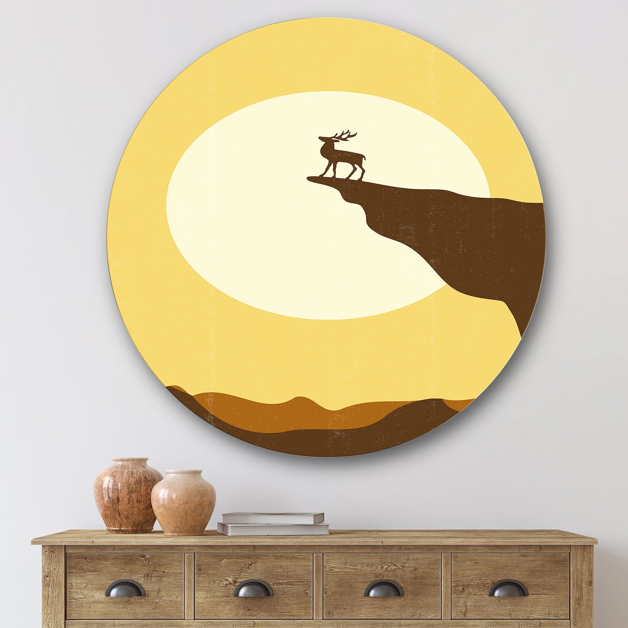 Designart 'Minimalistic Deer At Sunset On Mountain Top' Lake House Circle Metal Wall Art 29x29 - Disc of 29