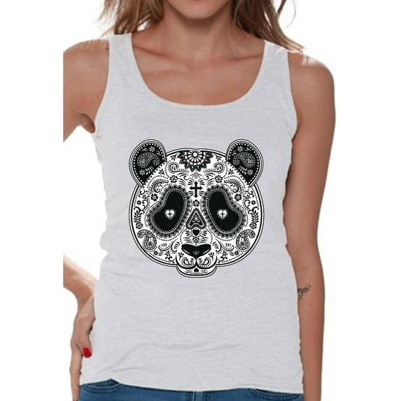 Awkward Styles Panda Skull Tank Top for Women Christian Panda Tank Dia de los Muertos Outfit Day of the Dead Gifts for Her Christian Tank Top Religious Gifts Paisley Panda Tank Top Women's Skull Tank