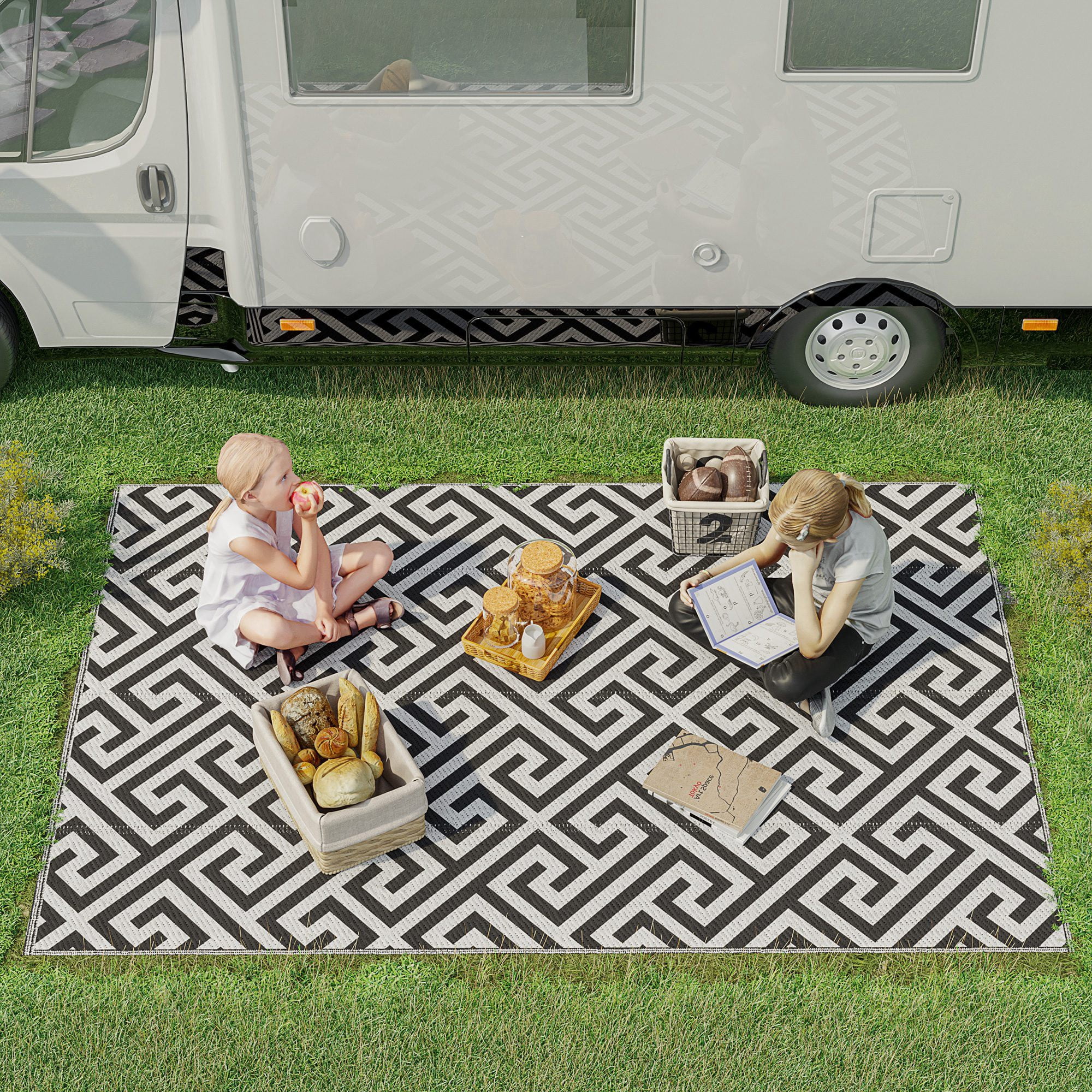Outsunny Reversible Outdoor RV Rug, 5' x 8' Patio Floor Mat, Black ...
