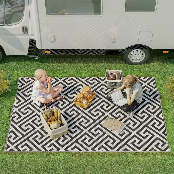 Outsunny Reversible Outdoor RV Rug, 5' x 8' Patio Floor Mat, Black & White