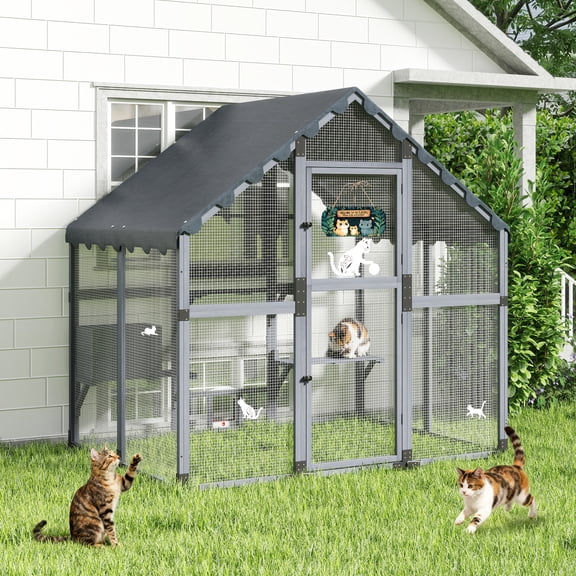 Large Catio Outdoor Cat Enclosure, Weatherproof Walk-in Cat House with Window Connection, Condo, Platform,Small Animal House for Multiple Kittens, Grey