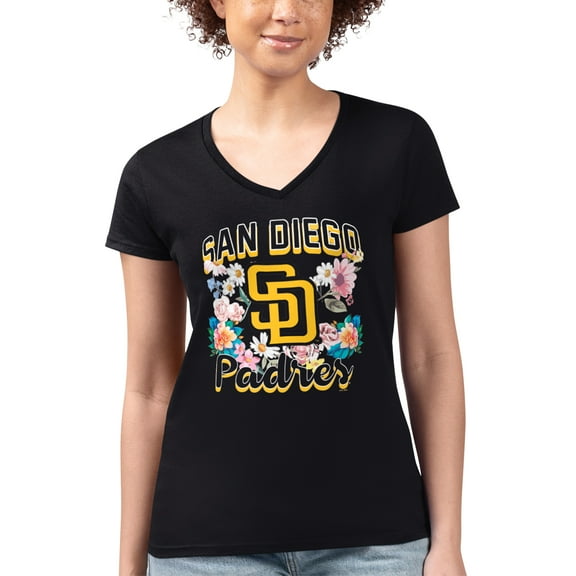 Women's G-III 4Her by Carl Banks Black San Diego Padres Super-Slim Fit Lightweight Flowers Graphic V-Neck T-Shirt