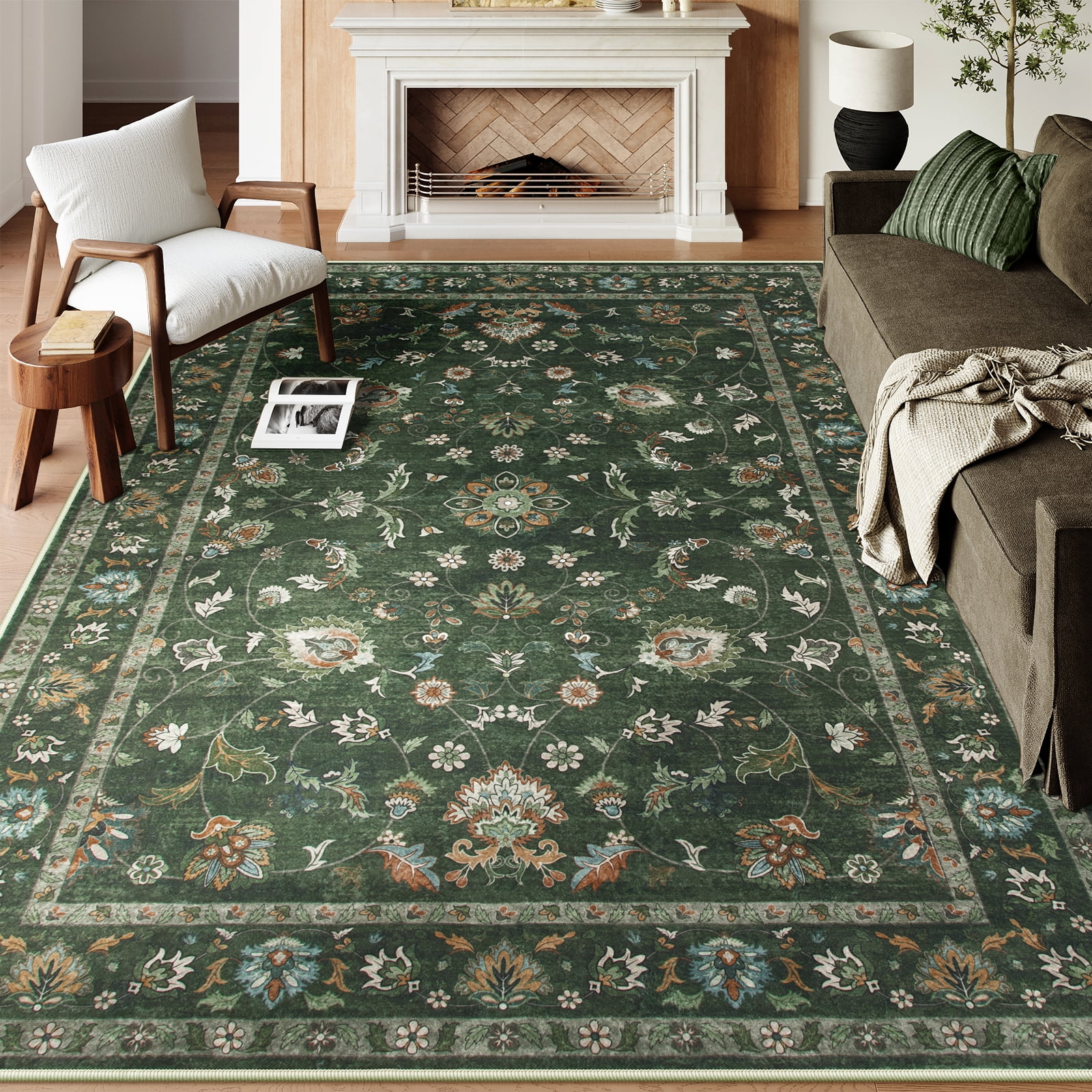 Lahome Decor Floral Area Rug 8x10, Machine Washable Rugs for Living Room, Non Slip Rug with Vintage Printed, Low Pile Carpet for Bedroom Dining Room Home Office, Green