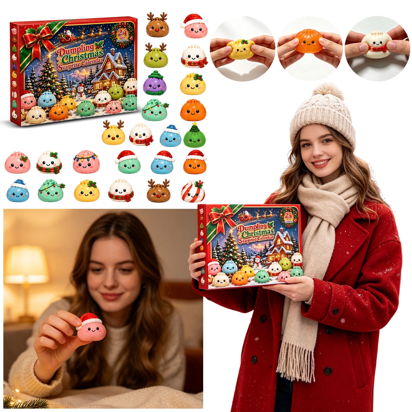 Christmas Countdown Calendar Dumpling Surprise Advent Box Featuring 24 Soft 3D Squishy Toys with Cute Holiday Caps Festive Relaxation Squishy Set for Student Adults Holiday Party