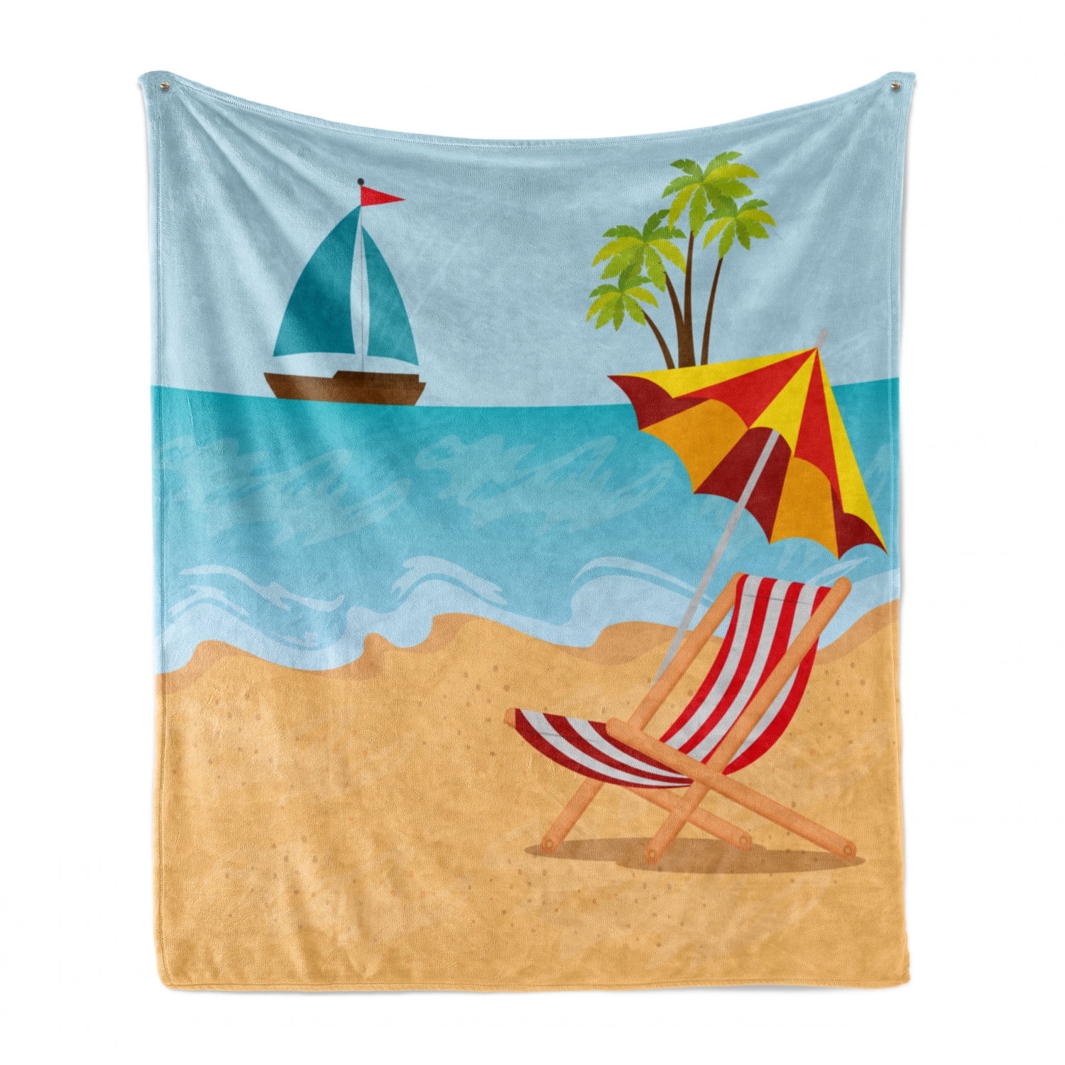 Aerial View Cartoon of Summer Holiday Fun with Parasols and Towels with Ocean Ambesonne Graphic Beach Soft Flannel Fleece Throw Blanket Cozy Plush for Indoor and Outdoor Use 50 x 70 Multicolor