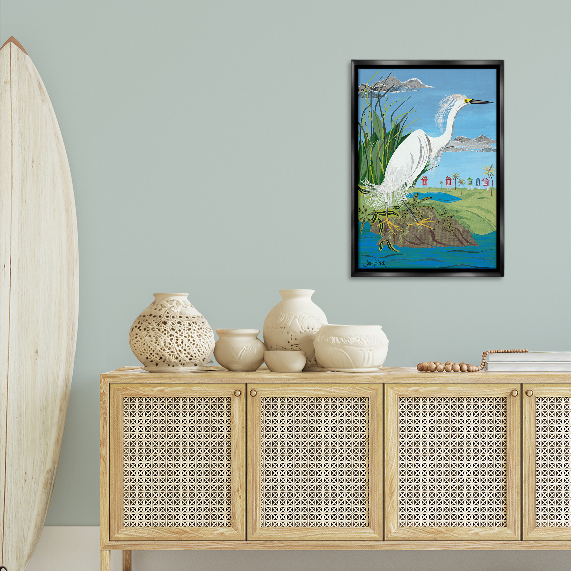 Stupell Industries Egret Perched on Shore Animals & Insects Painting Black Floater Framed Canvas Art Print Wall Art, 21 x 31